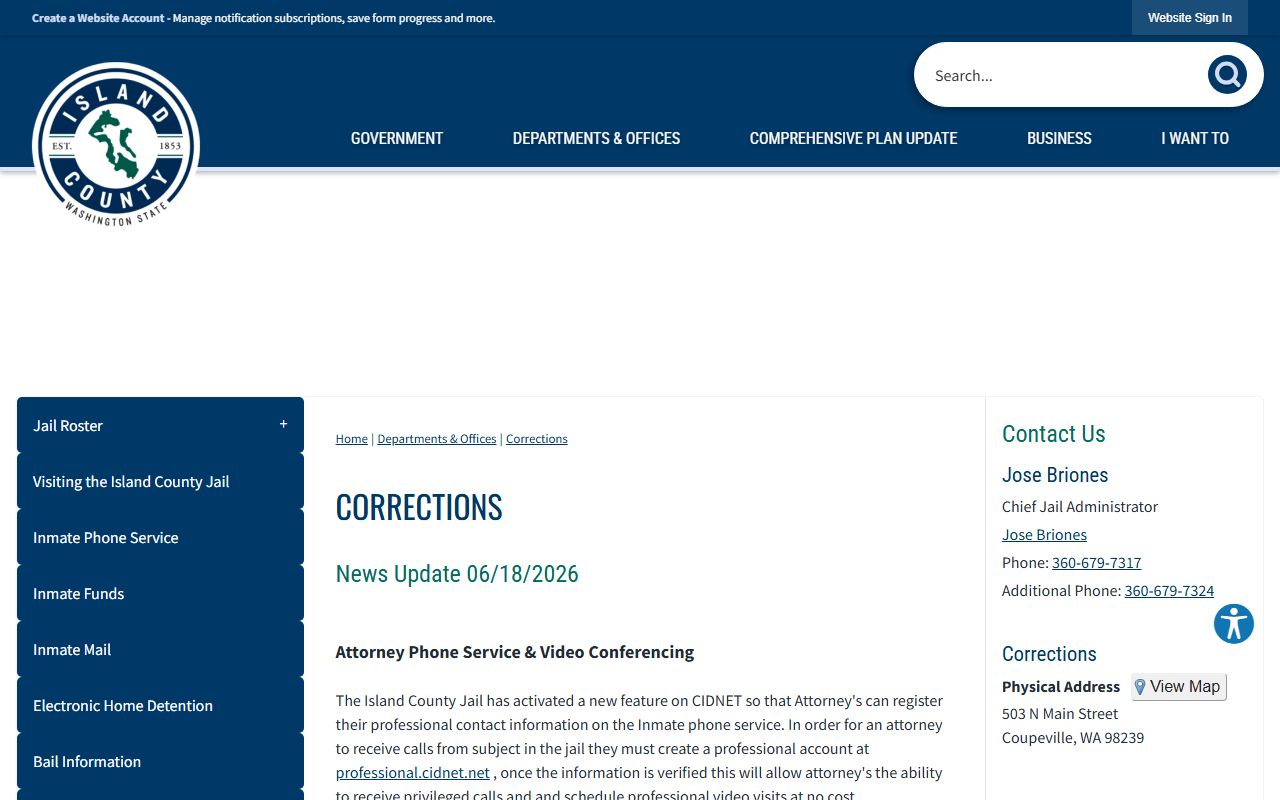 Island County Jail Corrections Division overview for adult inmate lookup