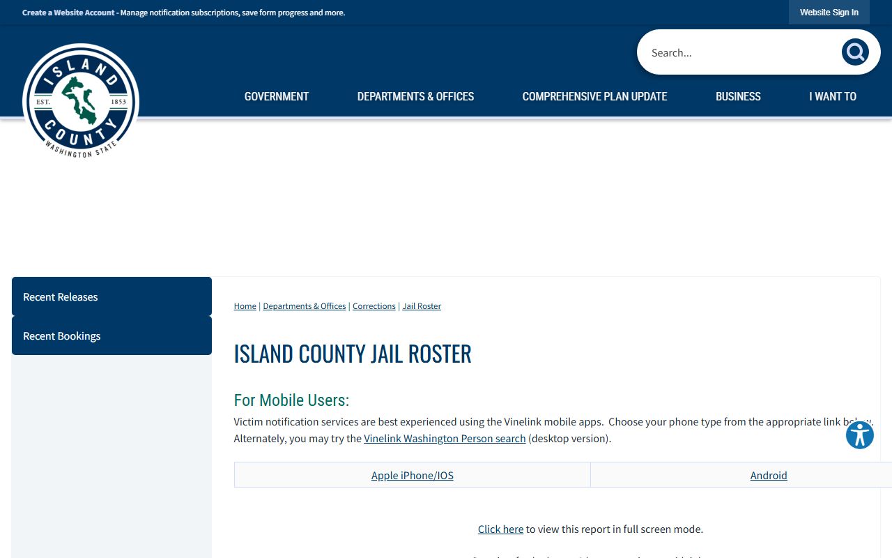 Island County inmate population jail roster search page