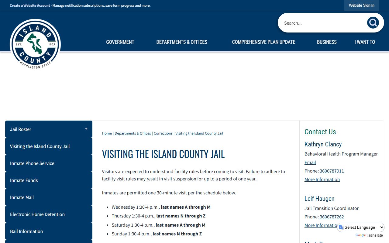 Island County inmate records jail visitation schedule