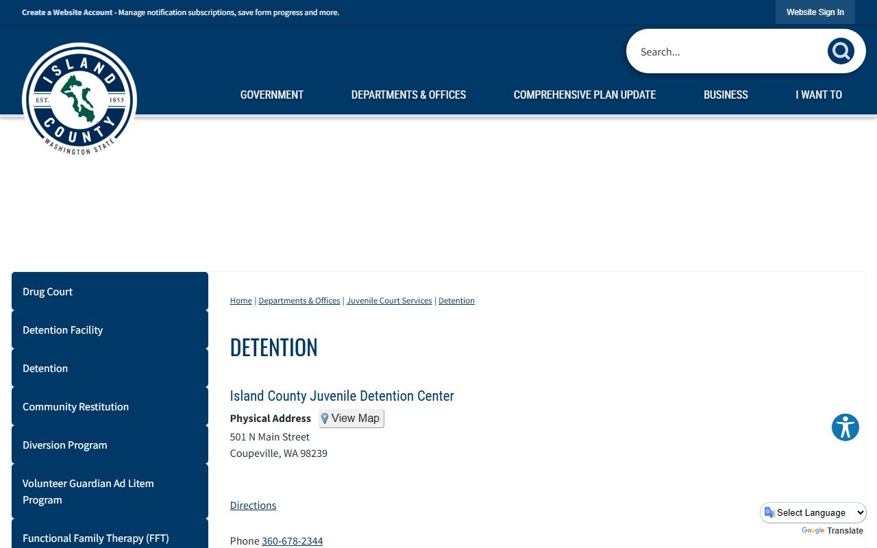 Island County Juvenile Detention Center custody information page