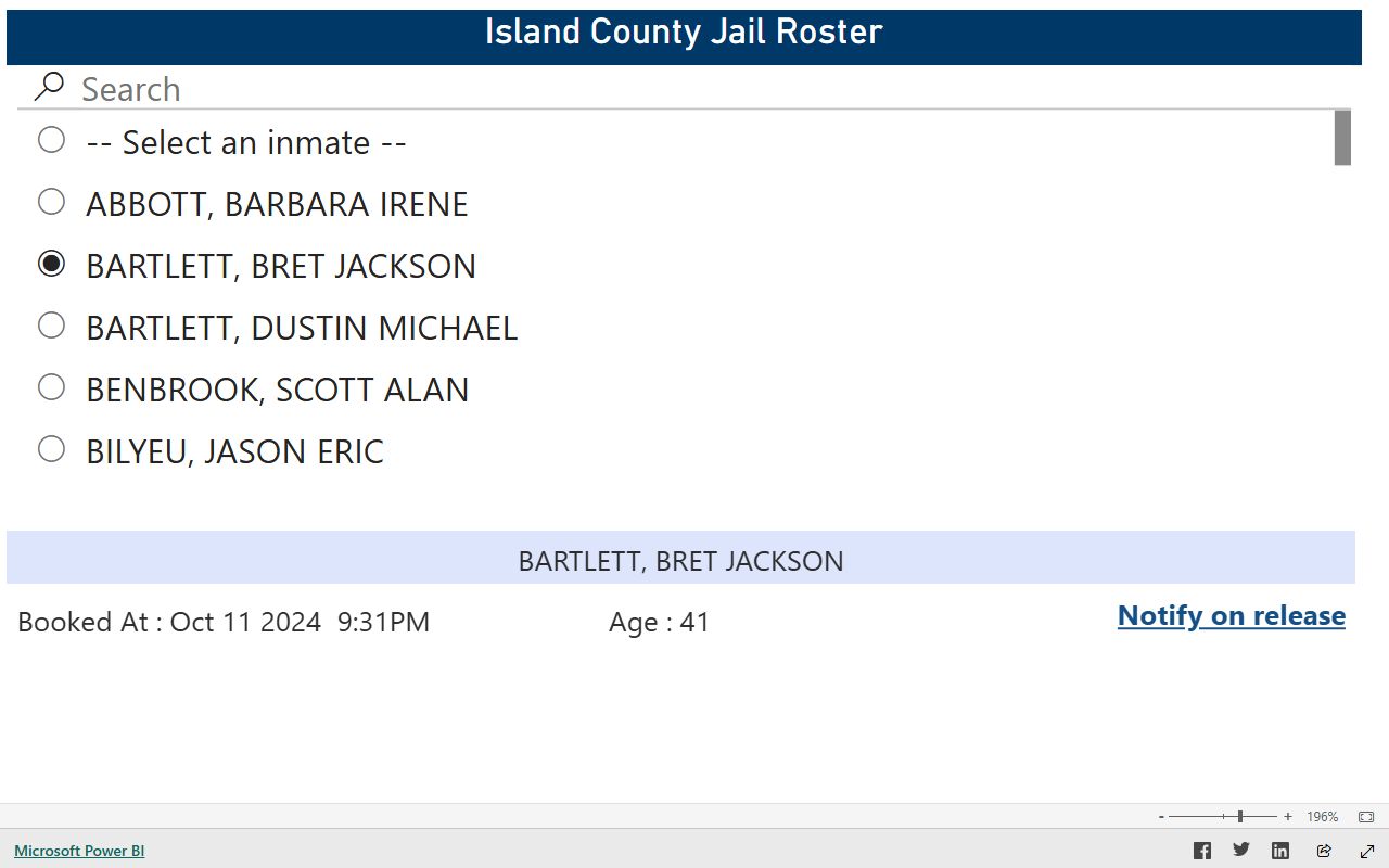 Island County inmate population full-screen Power BI roster report
